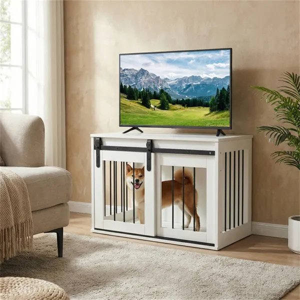 31.5" Dog Crate Furniture With Sliding Barn Door, Wooden Dog Kennel End Table For Indoor Use - White - Image 2
