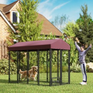 Outdoor Dog Kennel with Rotating Bowl Holders, Walk-in Pet Playpen with Waterproof Cover, 8 x 4 x 6, Red