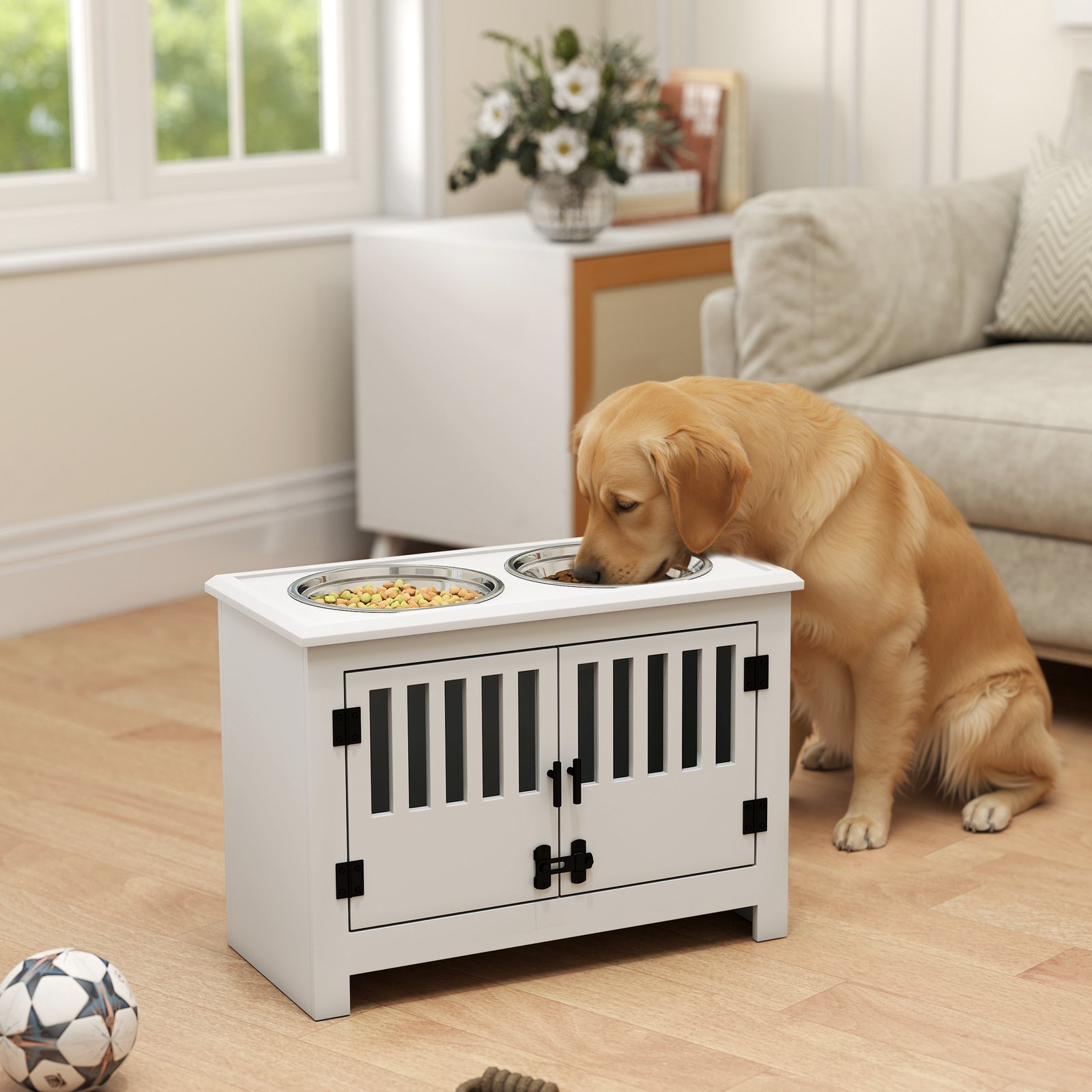 Dog Food Storage Cabinet with Bowls & Dog Feeding Station, White - Image 2