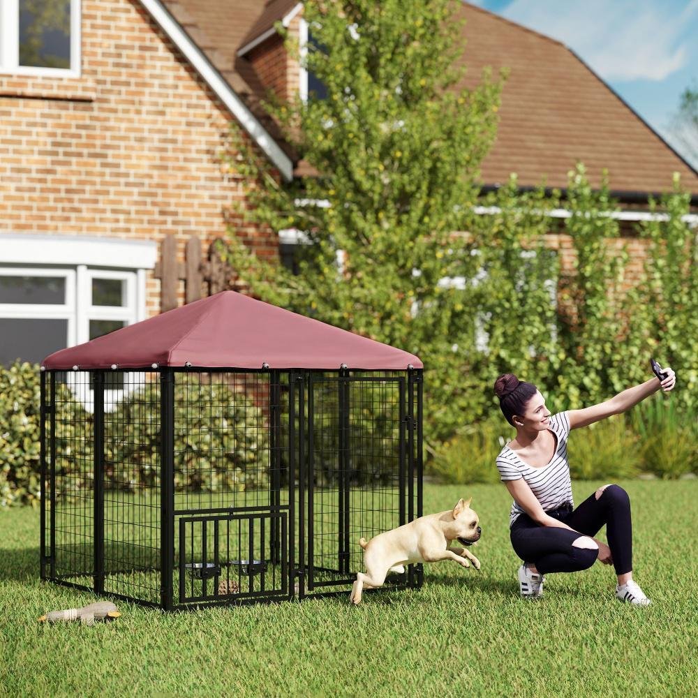 Welded Wire Outdoor Dog Kennel With 360 Rotating & 4 Levels Adjustable Bowls, Waterproof Cover, 4.6 X 4.6 X 5 - Image 4