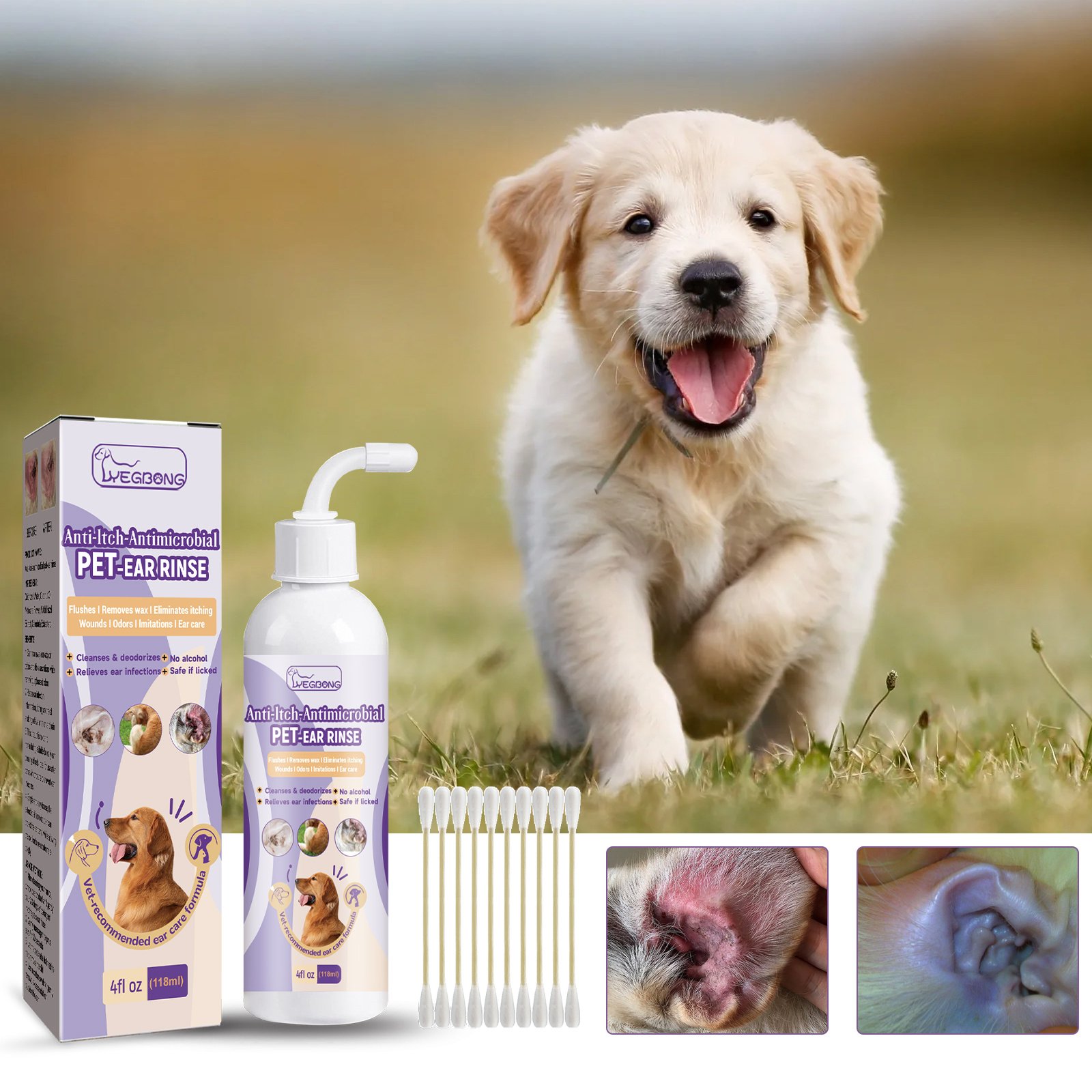 118ml Pet Ear Rinse Cleaner With Glycerin & Disodium EDTA, Anti-Itch Antimicrobial Ear Wash For Dogs Cats, Alcohol-Free Gentle Ear Cleanser With Cotton Swabs - Image 2