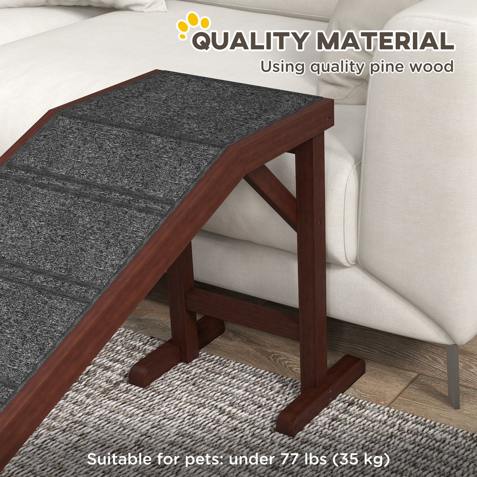 Dog Ramp for Bed, Pet Ramp for Dogs with Non-Slip Carpet and Top Platform, 74" x 16" x 25", Brown - Image 4