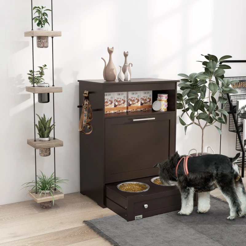 Pet Feeder Station Storage Cabinet, Dog Food Storage Container With Dog Raised Bowls, Watering Supplies, Gray - Image 4