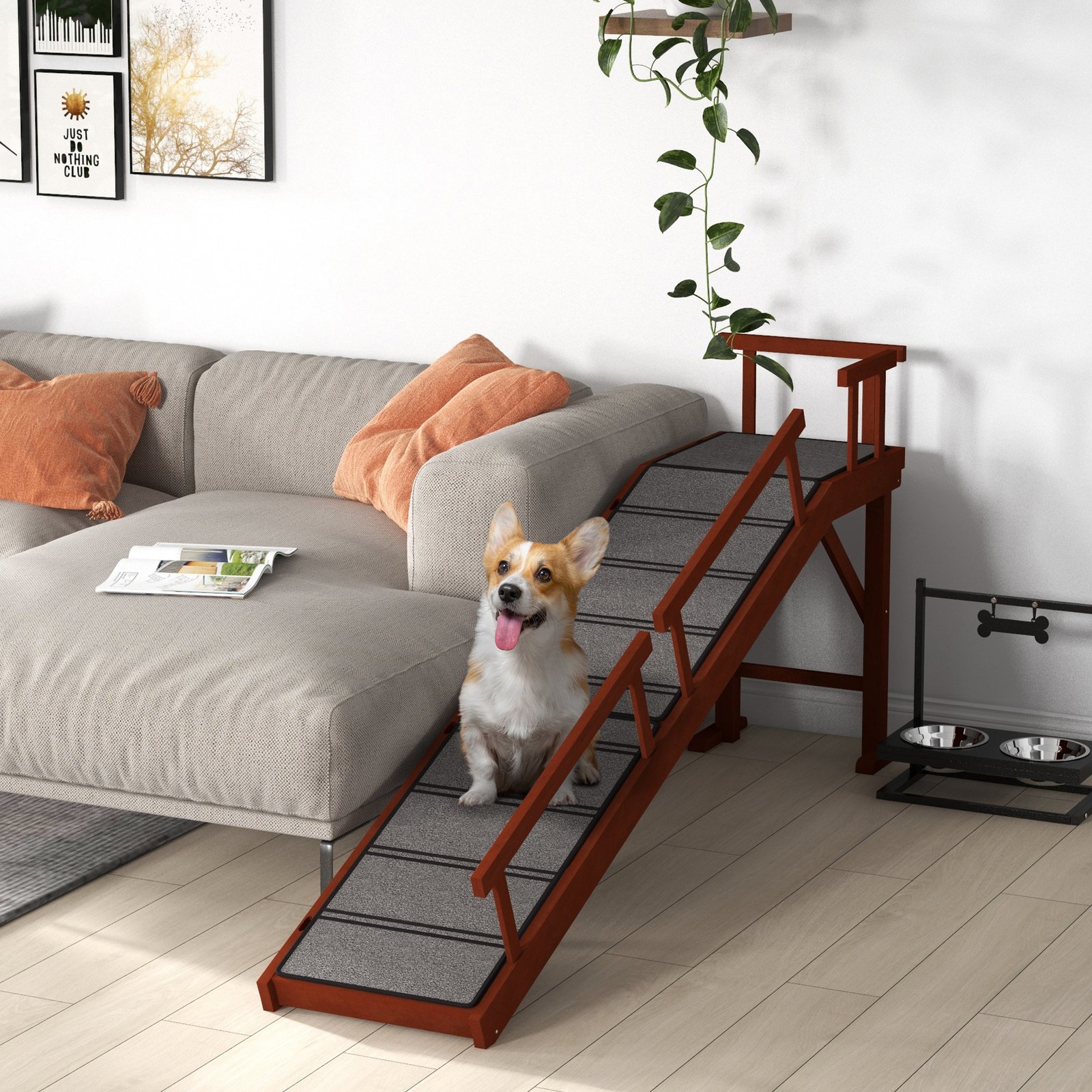 Wooden Dog Ramp with Removable Guardrails, Non-Slip Surface, 73" Long, Brown - Image 2