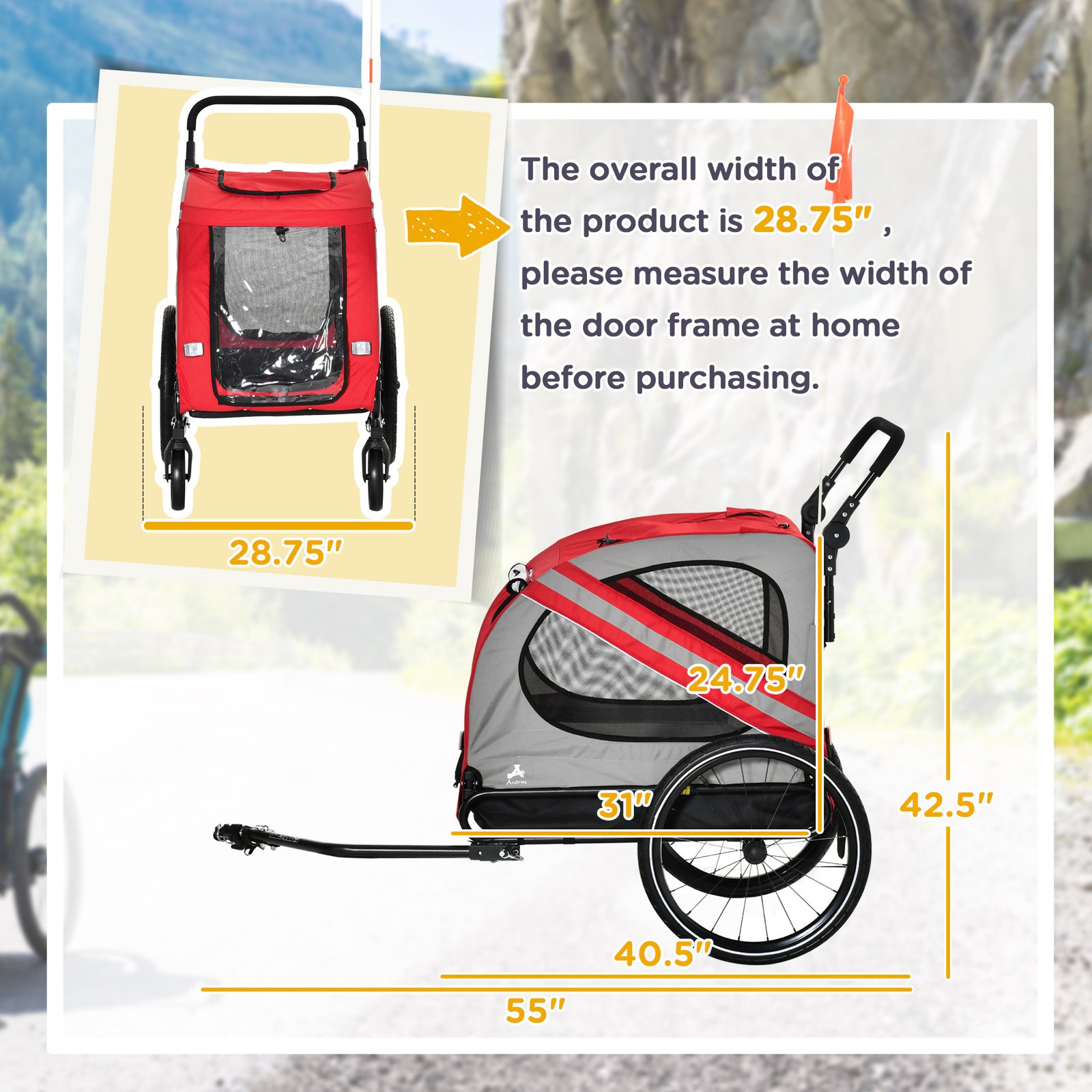 2-in-1 Pet Bike Trailer for Small Medium Dogs, Road-Visibility Dog Stroller Bicycle Carrier, Weather-Strong Bike Wagon Trailer Sidecar Attachment, Red - Image 3