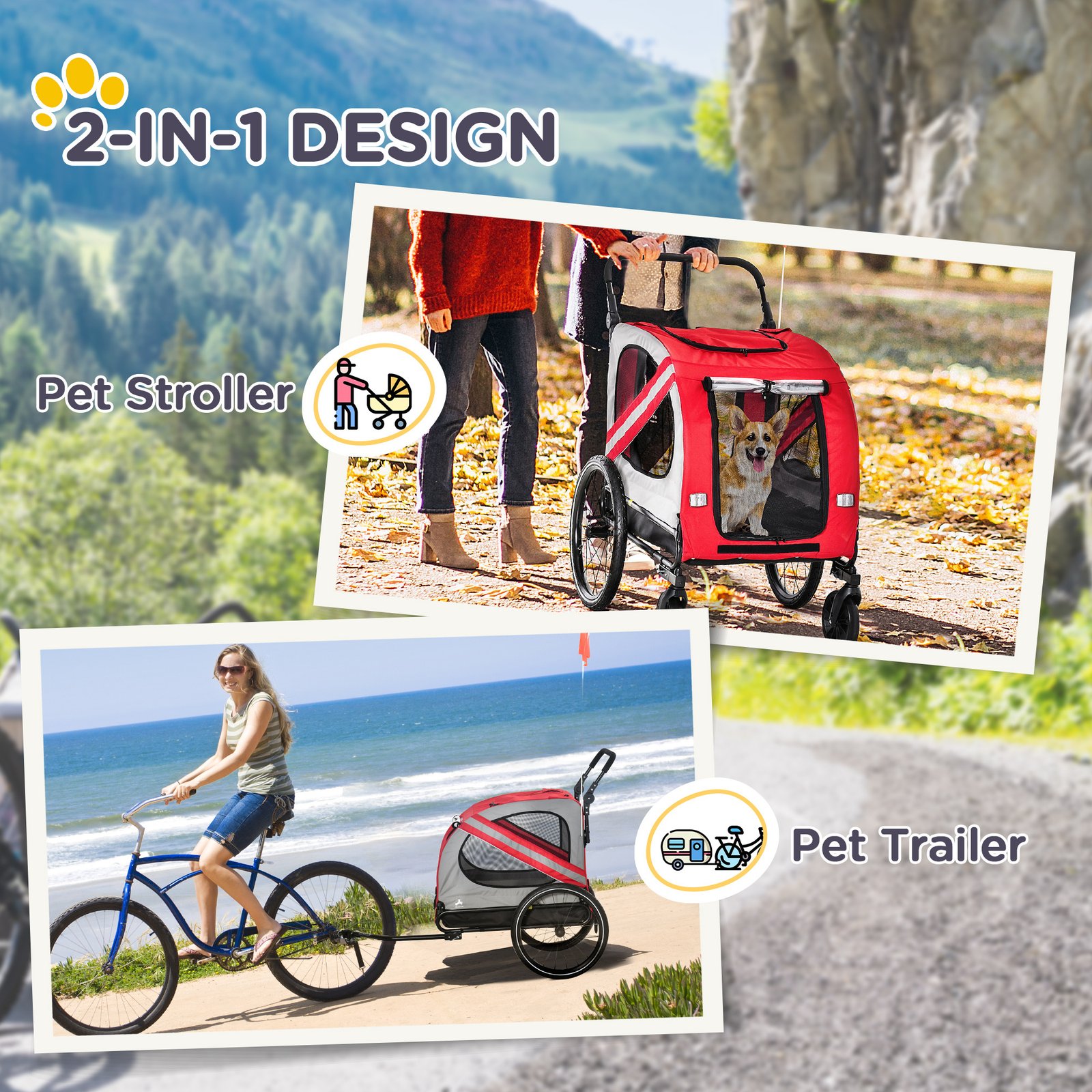 2-in-1 Pet Bike Trailer for Small Medium Dogs, Road-Visibility Dog Stroller Bicycle Carrier, Weather-Strong Bike Wagon Trailer Sidecar Attachment, Red - Image 4