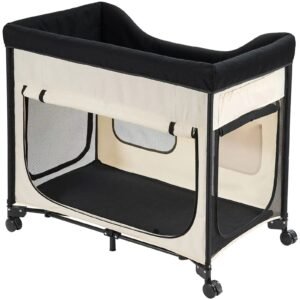 Elevated Lounge Dog Bed XL, Foldable Raised Dog Bed Cot For Large Dogs & Cats, Portable Pet Bed With Wheels, 600D Oxford Cloth & Dutch Velvet Cushion, Indoor & Outdoor Dog Bed With Side Storage Bags,