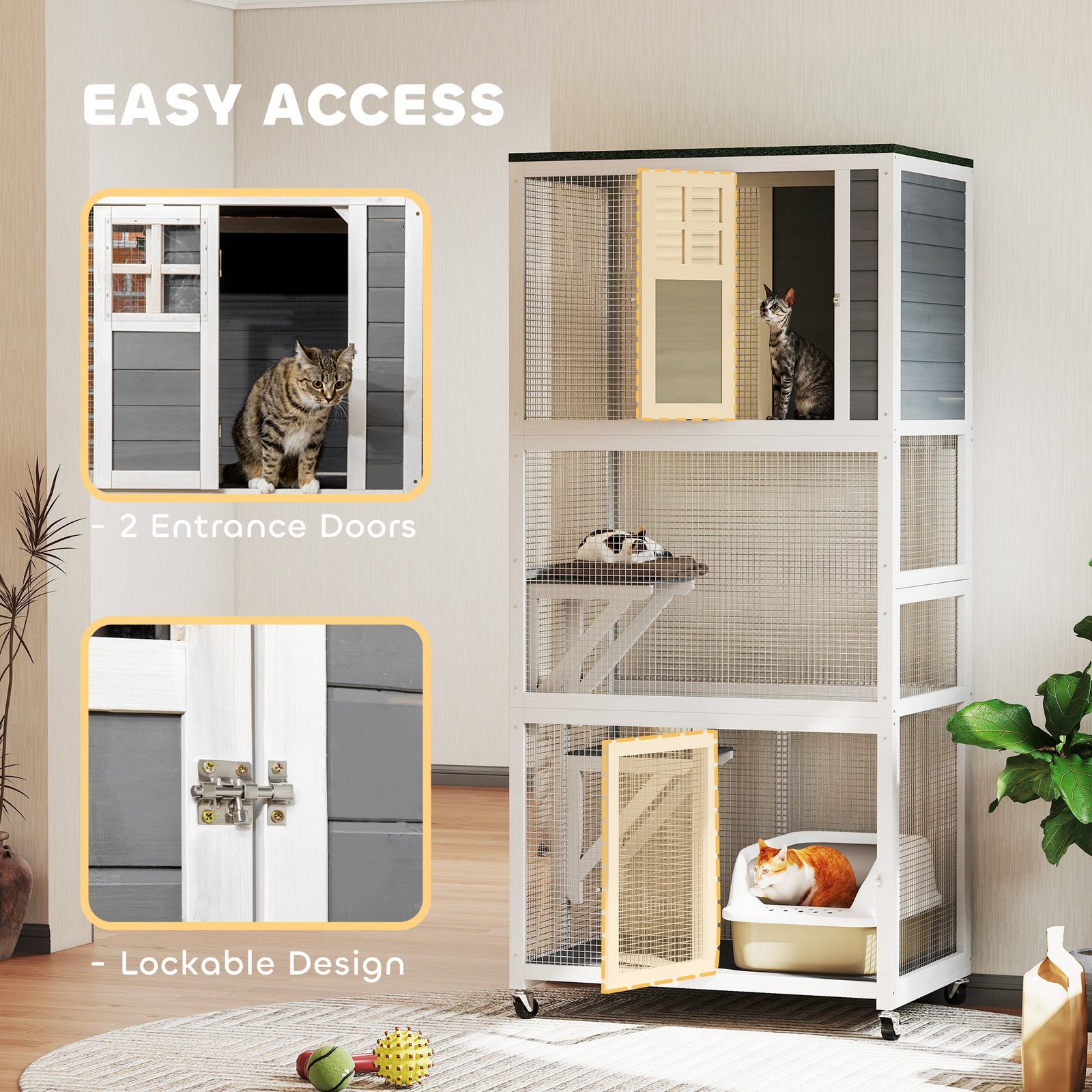 74" Wooden Catio Outdoor Cat Enclosure Weatherproof & Wheeled, Outside Cat House with High Weight Capacity, Kitten Cage Condo, White - Image 7