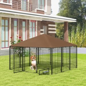 6.9 x 6.9 x 5 Outdoor Dog Kennel with Canopy Garden Playpen Fence Crate Enclosure Cage Rotating Bowl, Coffee