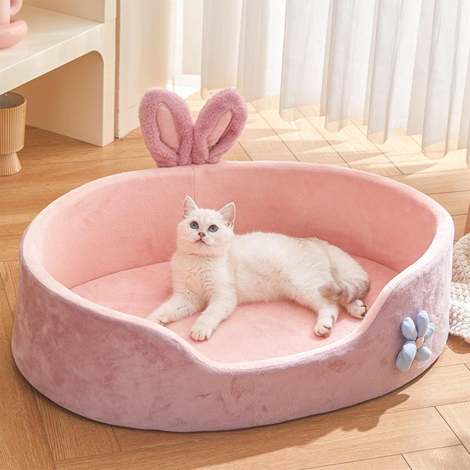 Cute Princess Dog Bed Pink Pet Bed Detachable Washable Dog Sleeping Bed Rabbit Ear Calming Dog And Cat Bed Soft Comfortable Warm Cat Bed For Small Medium Sized Breed Four Seasons - Image 3