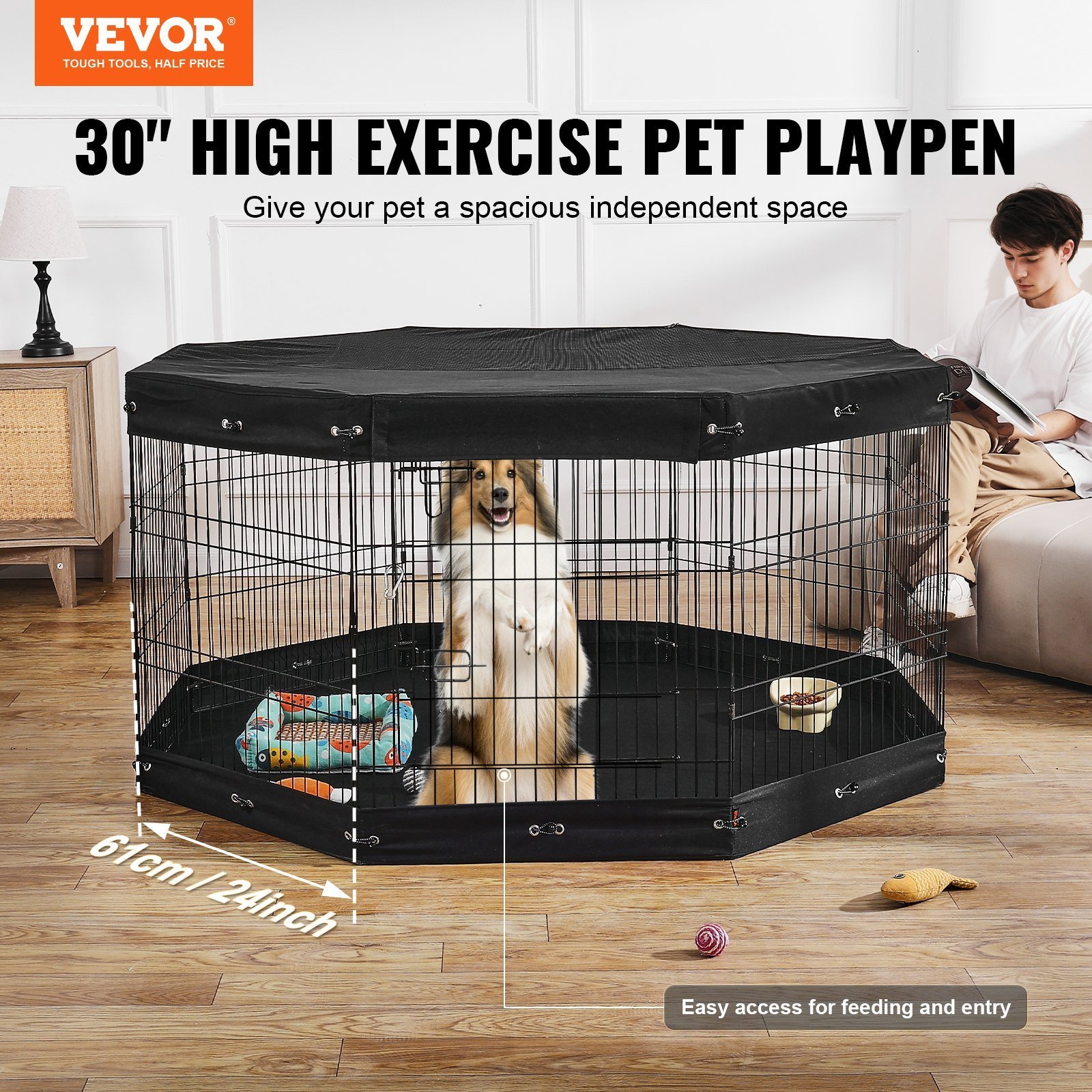 Dog Playpen 8 Panels Foldable Metal Dog Exercise Pen With Pad Cover 30"H - Image 2