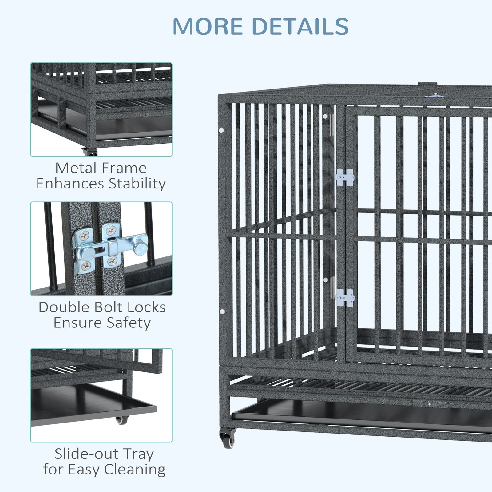 43" Heavy Duty Dog Crate Metal Cage Kennel with Lockable Wheels, Double Door and Removable Tray, Gray - Image 5