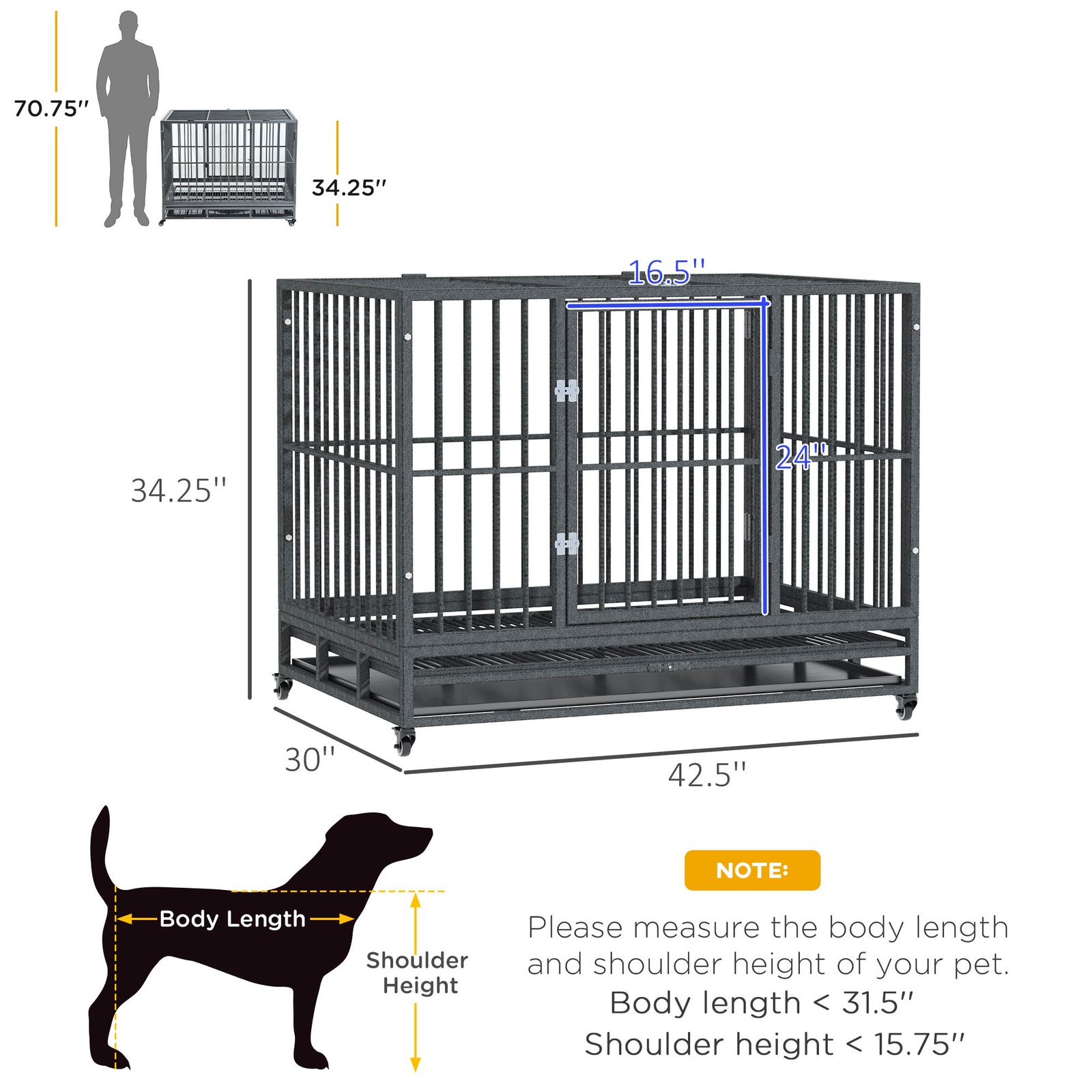 43" Heavy Duty Dog Crate Metal Cage Kennel with Lockable Wheels, Double Door and Removable Tray, Gray - Image 3