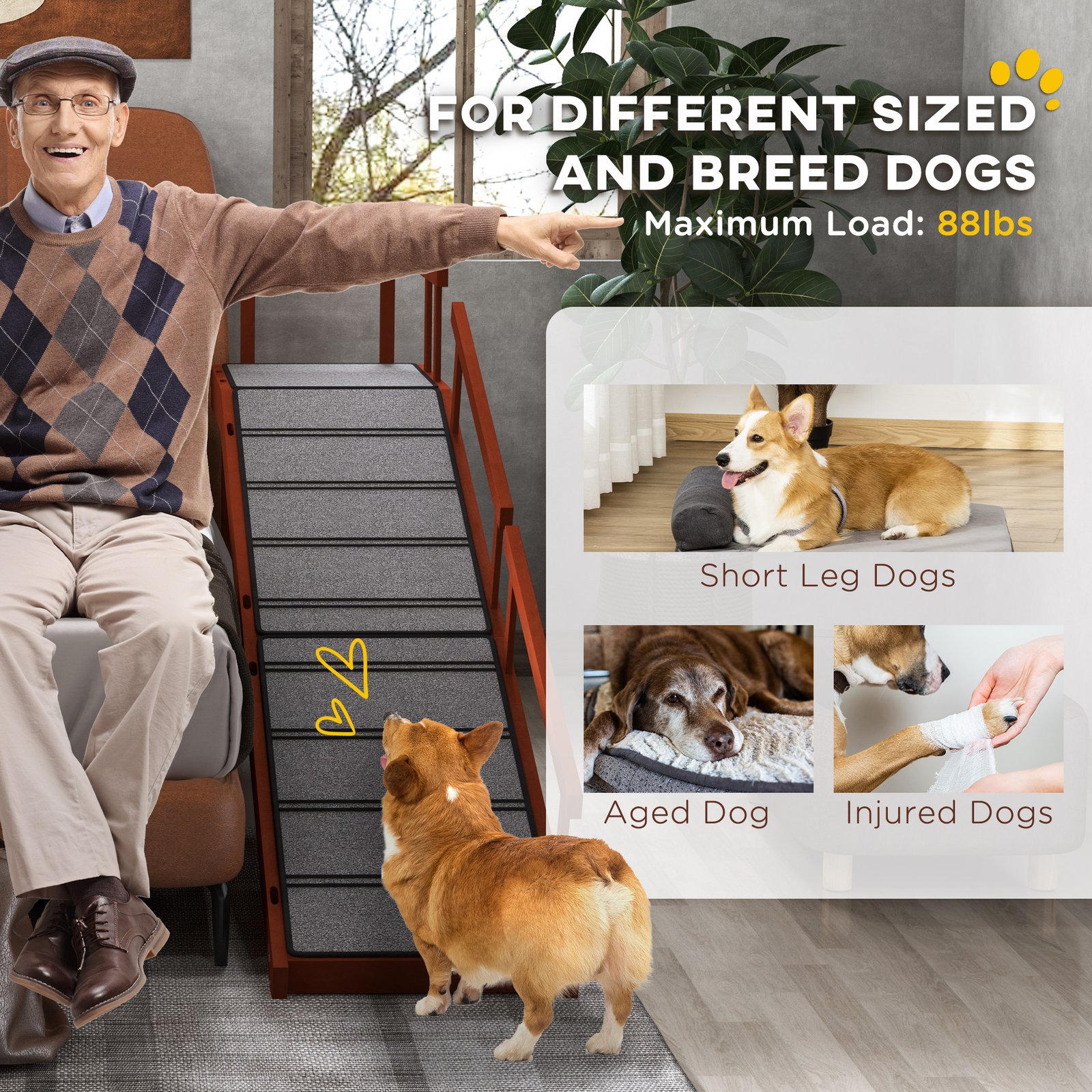 Wooden Dog Ramp with Removable Guardrails, Non-Slip Surface, 73" Long, Brown - Image 4