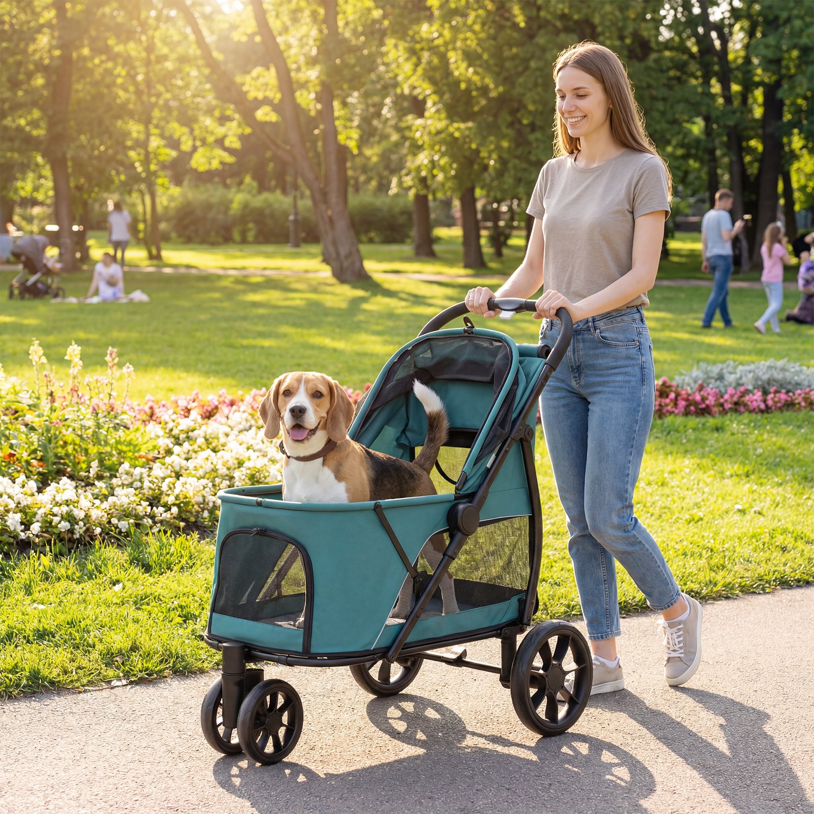3 Wheel Pet Stroller with Easy One-Click Quick Fold, Mesh Window, Washable Cushion, for Medium Dogs, Dark Green - Image 2