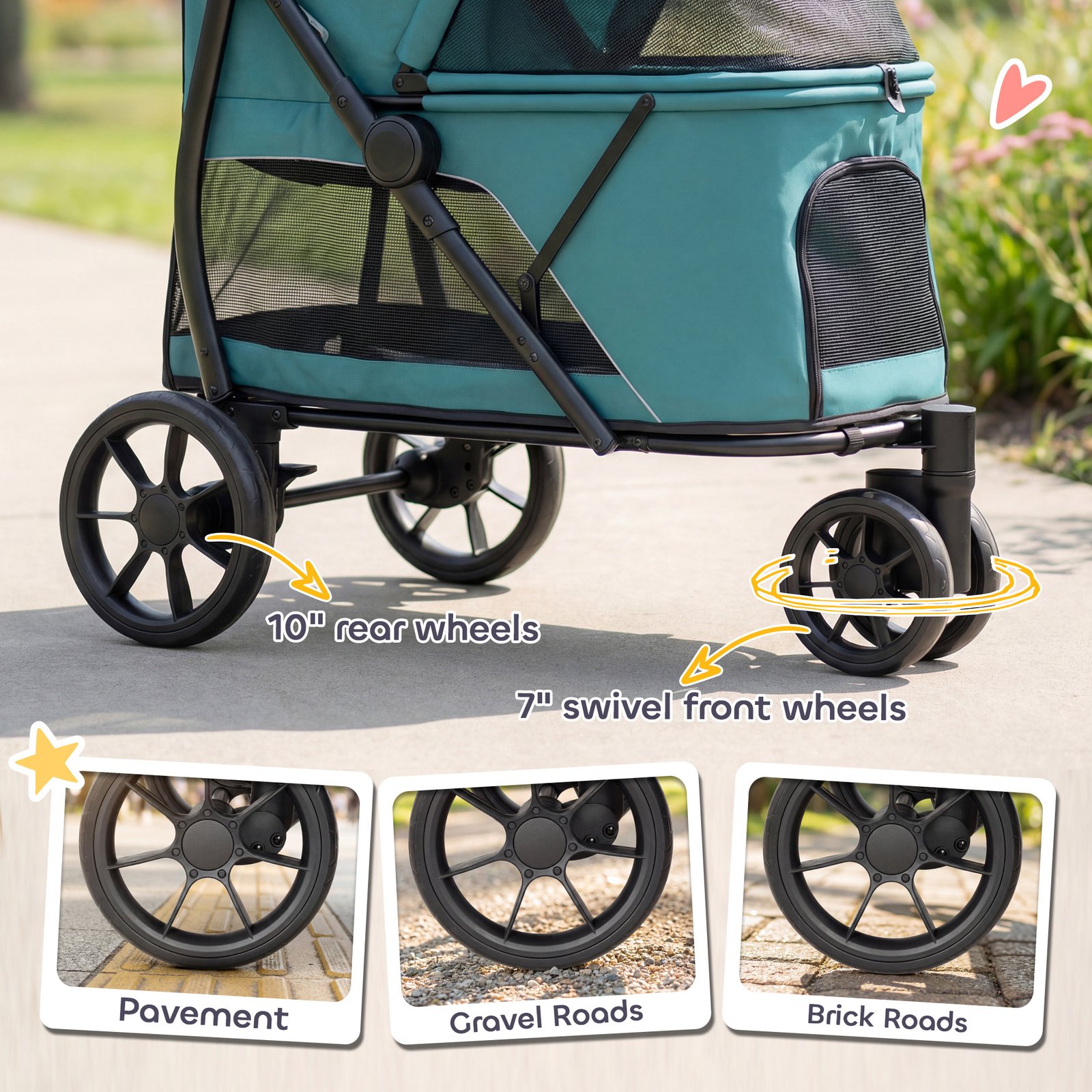 3 Wheel Pet Stroller with Easy One-Click Quick Fold, Mesh Window, Washable Cushion, for Medium Dogs, Dark Green - Image 5