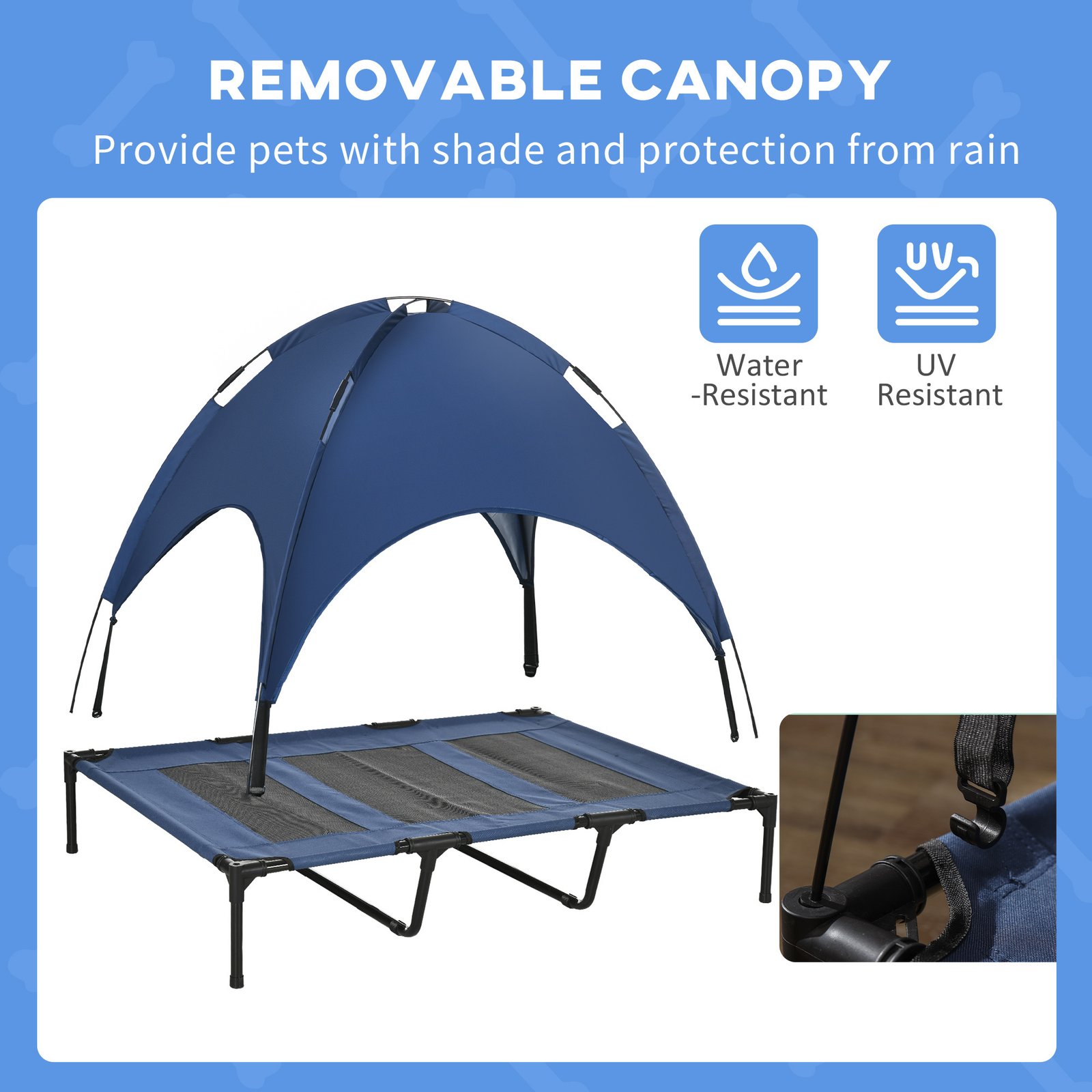 48" x 36" Elevated Portable Dog Cot Cooling Pet Bed with UV Protection Canopy Shade, Dark Blue - Image 6