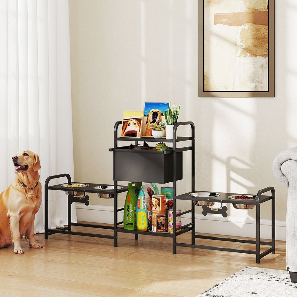 3 Height Adjustable Dog Bowl Stand Oxford Fabric With Features Four Bowls, Toy Bin Basket - Image 8