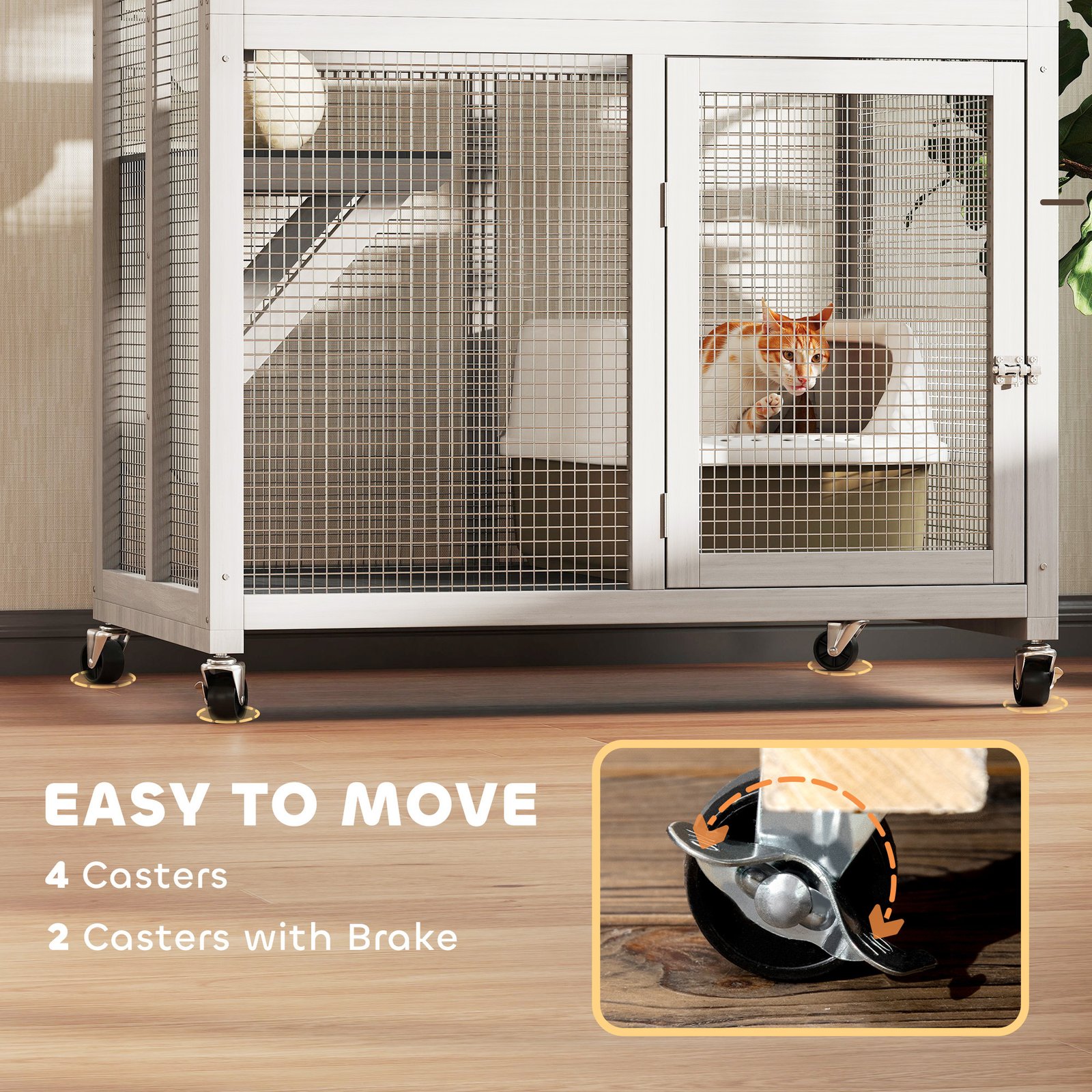 74" Wooden Catio Outdoor Cat Enclosure Weatherproof & Wheeled, Outside Cat House with High Weight Capacity, Kitten Cage Condo, White - Image 6