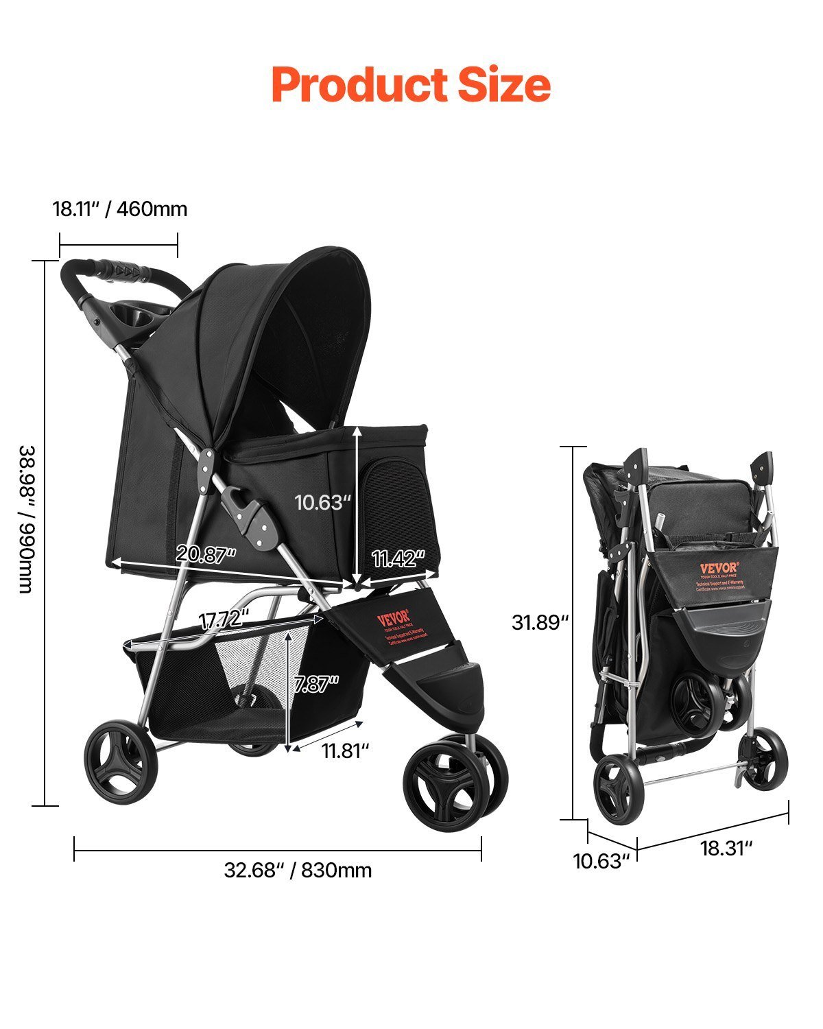 Pet Stroller Foldable 3 Wheels Dog Stroller With Brake Up To 35lbs Travel Camp - Image 2