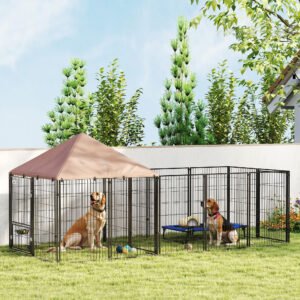 Large Outdoor Dog Kennel with Rotating & Adjustable Height Bowls, Waterproof & UV-Resistant Canopy, 11.3' x 4.7' x 5.1'