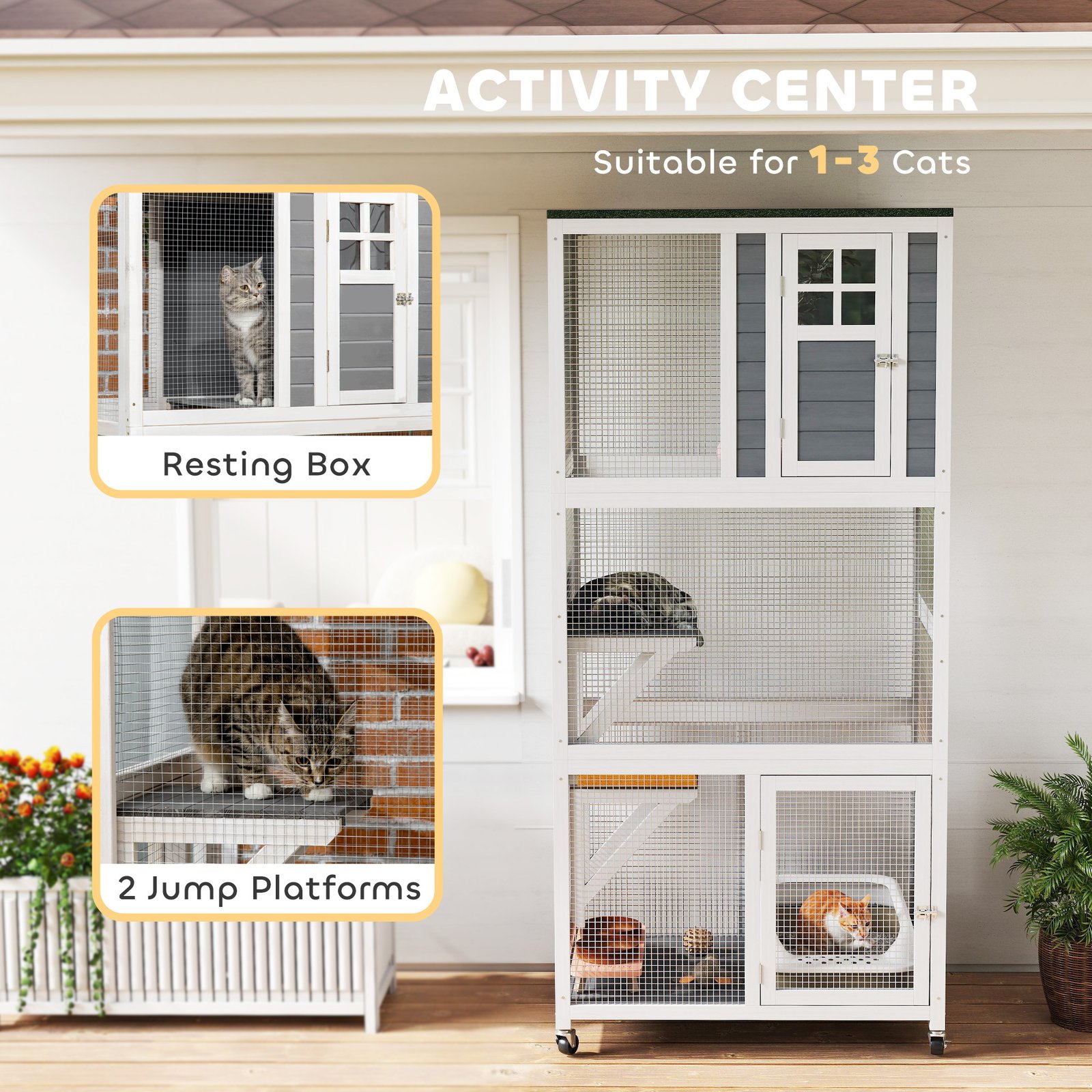 74" Wooden Catio Outdoor Cat Enclosure Weatherproof & Wheeled, Outside Cat House with High Weight Capacity, Kitten Cage Condo, White - Image 4