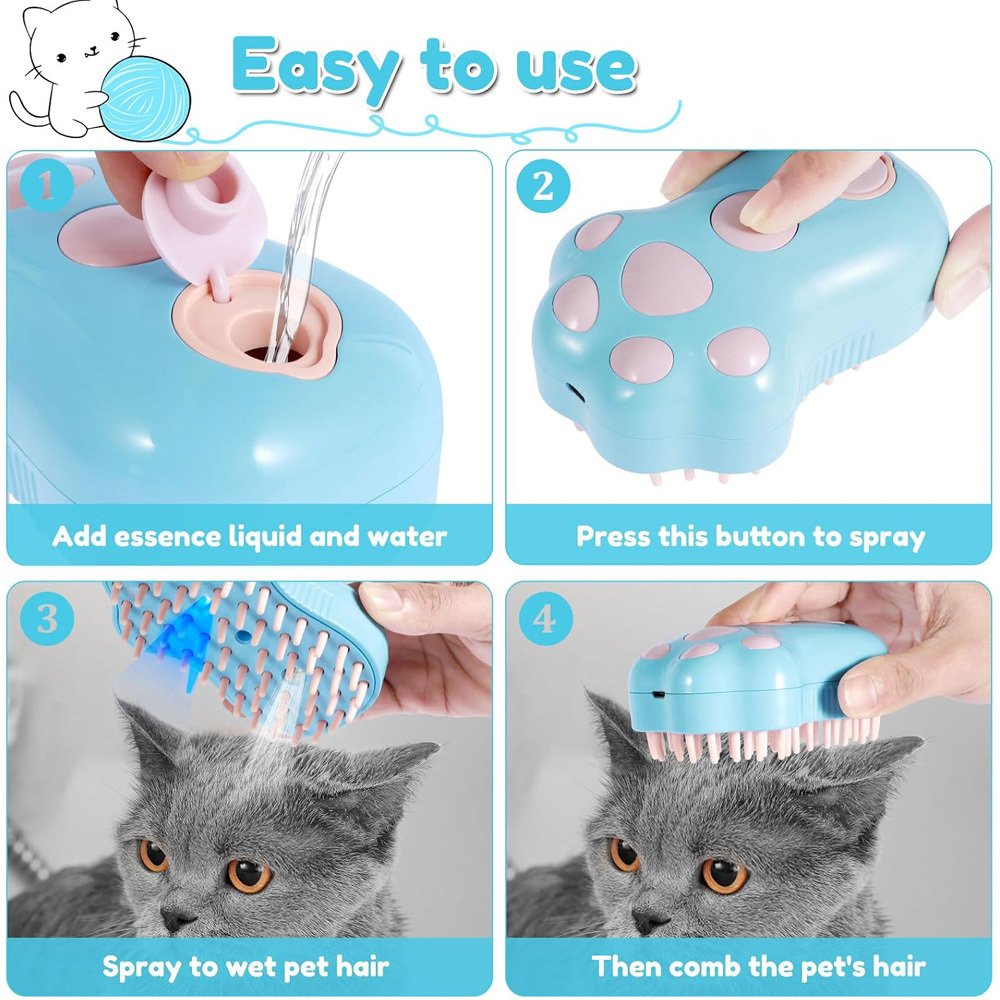 Rechargeable Steam Cat Brush, Cute Paw Shape Pet Steamer Grooming Brush With Soft Silicone Teeth For Dog Cat Massage, Shedding & Hair Removal - Image 4