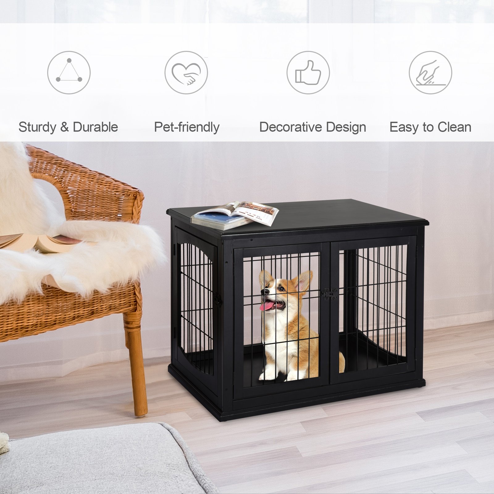 Dog Crate Furniture, 32" Small Dog Cage End Table with 2 Doors, Lockable Door, Puppy Kennel Indoor, Black - Image 4