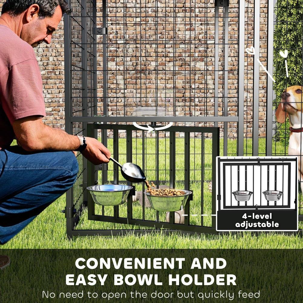 Welded Wire Outdoor Dog Kennel With 360 Rotating & 4 Levels Adjustable Bowls, Waterproof Cover, 4.6 X 4.6 X 5 - Image 3