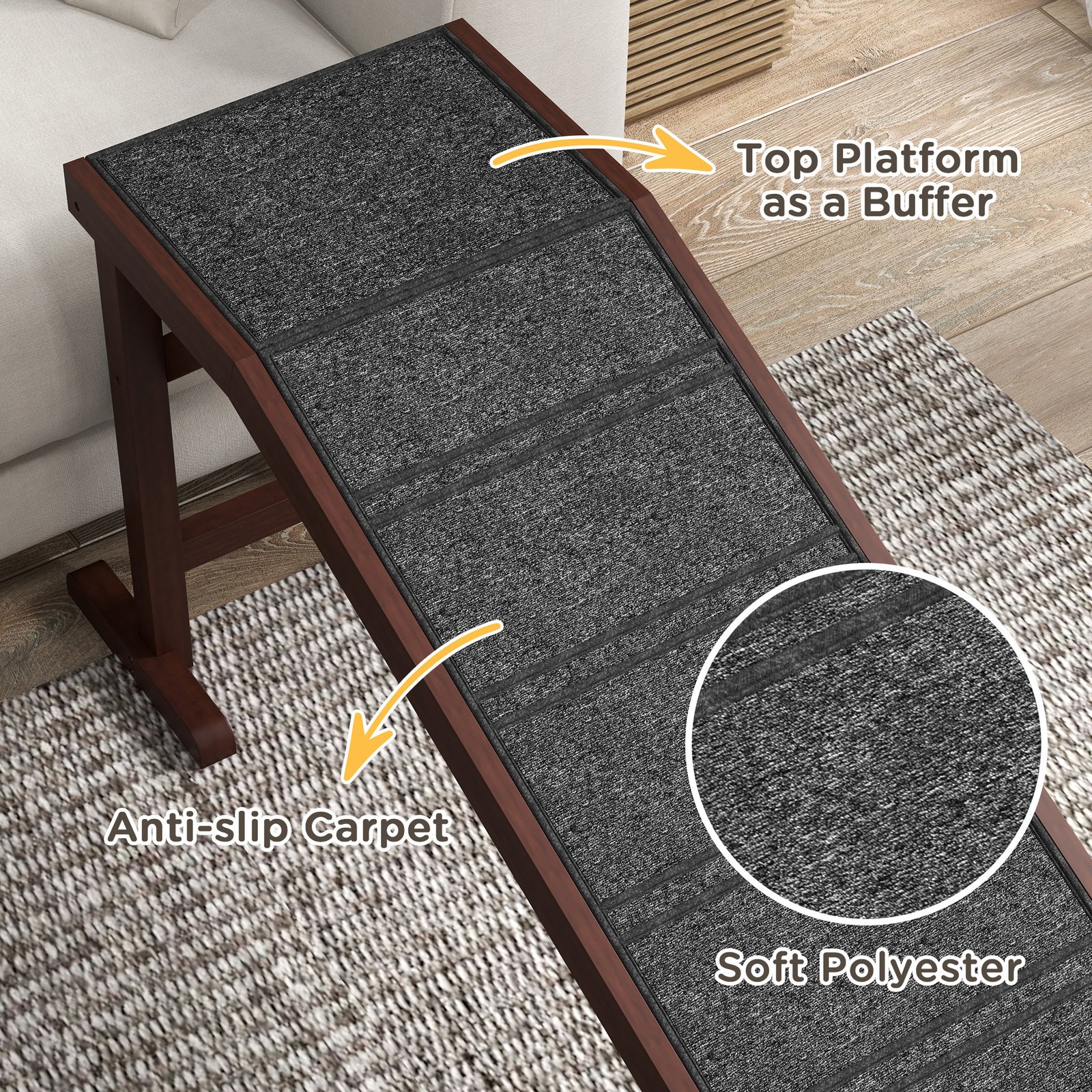 Dog Ramp for Bed, Pet Ramp for Dogs with Non-Slip Carpet and Top Platform, 74" x 16" x 25", Brown - Image 6