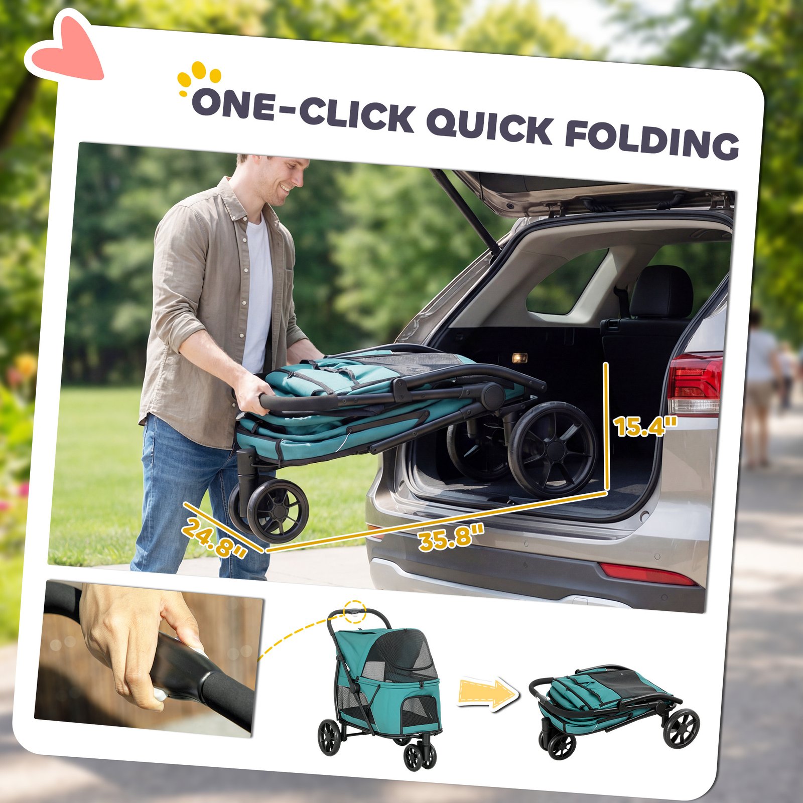 3 Wheel Pet Stroller with Easy One-Click Quick Fold, Mesh Window, Washable Cushion, for Medium Dogs, Dark Green - Image 4