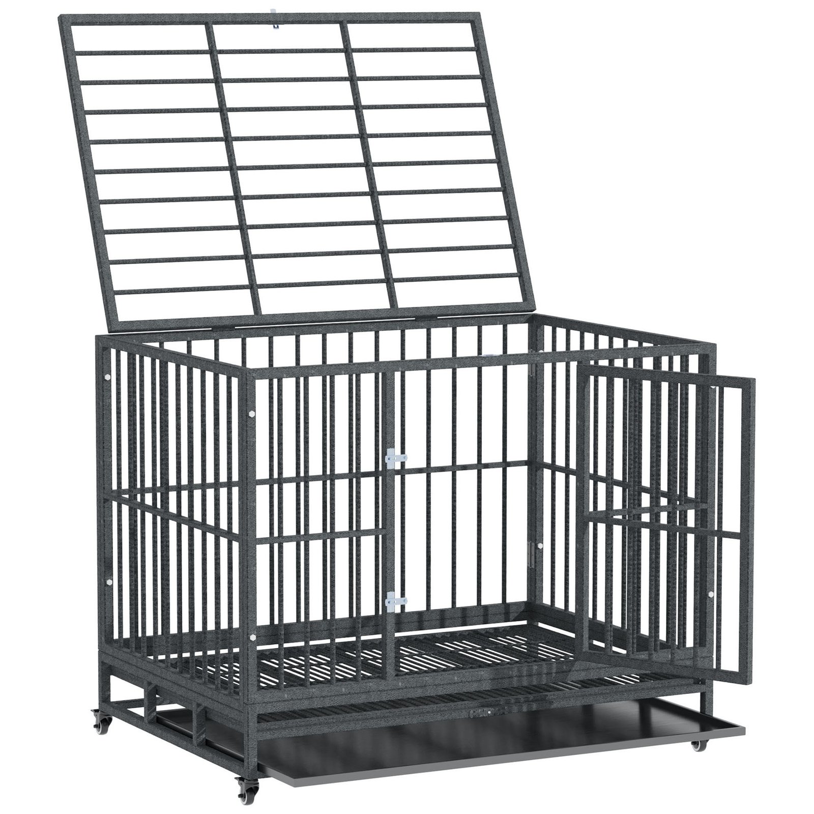 43" Heavy Duty Dog Crate Metal Cage Kennel with Lockable Wheels, Double Door and Removable Tray, Gray - Image 8