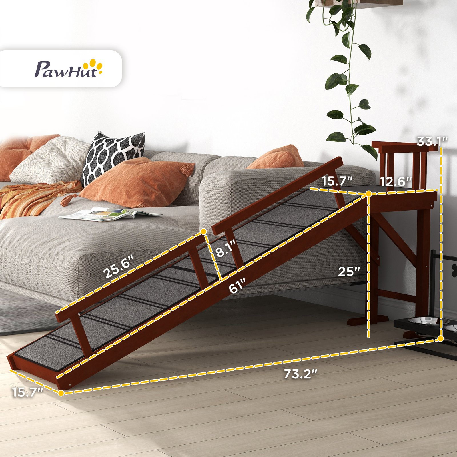 Wooden Dog Ramp with Removable Guardrails, Non-Slip Surface, 73" Long, Brown - Image 3