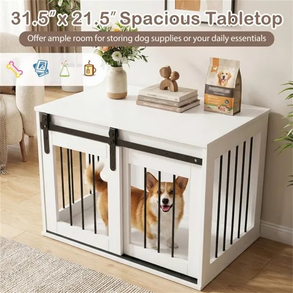 31.5" Dog Crate Furniture With Sliding Barn Door, Wooden Dog Kennel End Table For Indoor Use - White - Image 4