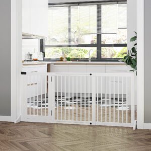 Freestanding Length Adjustable Wooden Pet Gate with Lockable Door 3 Panels, White