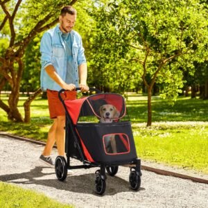 Dog Stroller for Large Medium Small Dogs up to 66 Lbs. 23.5" in Body Length, One-Click Foldable Pet Cat Stroller with Storage, Shock Absorption Wheels, Mesh Window, Safety Leash, Red