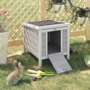 Small Wooden Rabbit Hutch Bunny Cage Guinea Pig Cage Duck House Dog House with Openable & Waterproof Roof, for Rabbits, Chickens, Ducks, Gray
