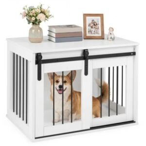 31.5" Dog Crate Furniture With Sliding Barn Door, Wooden Dog Kennel End Table For Indoor Use - White