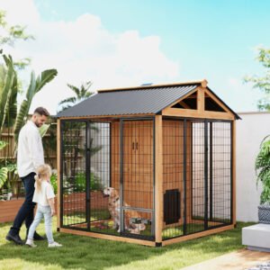7 x 6 Extra Large Dog House, Wood Outdoor Dog Kennel with Storage Cabinet, Stainless Steel Bowls, Light Yellow