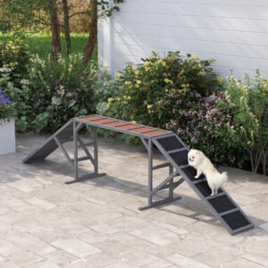 Dog Agility Equipment Ramp with Safety Bar, Non-slip Surface, for Walk and Pause Training, Gray