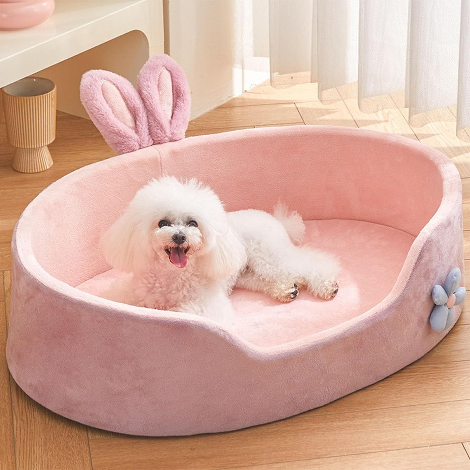Cute Princess Dog Bed Pink Pet Bed Detachable Washable Dog Sleeping Bed Rabbit Ear Calming Dog And Cat Bed Soft Comfortable Warm Cat Bed For Small Medium Sized Breed Four Seasons - Image 5