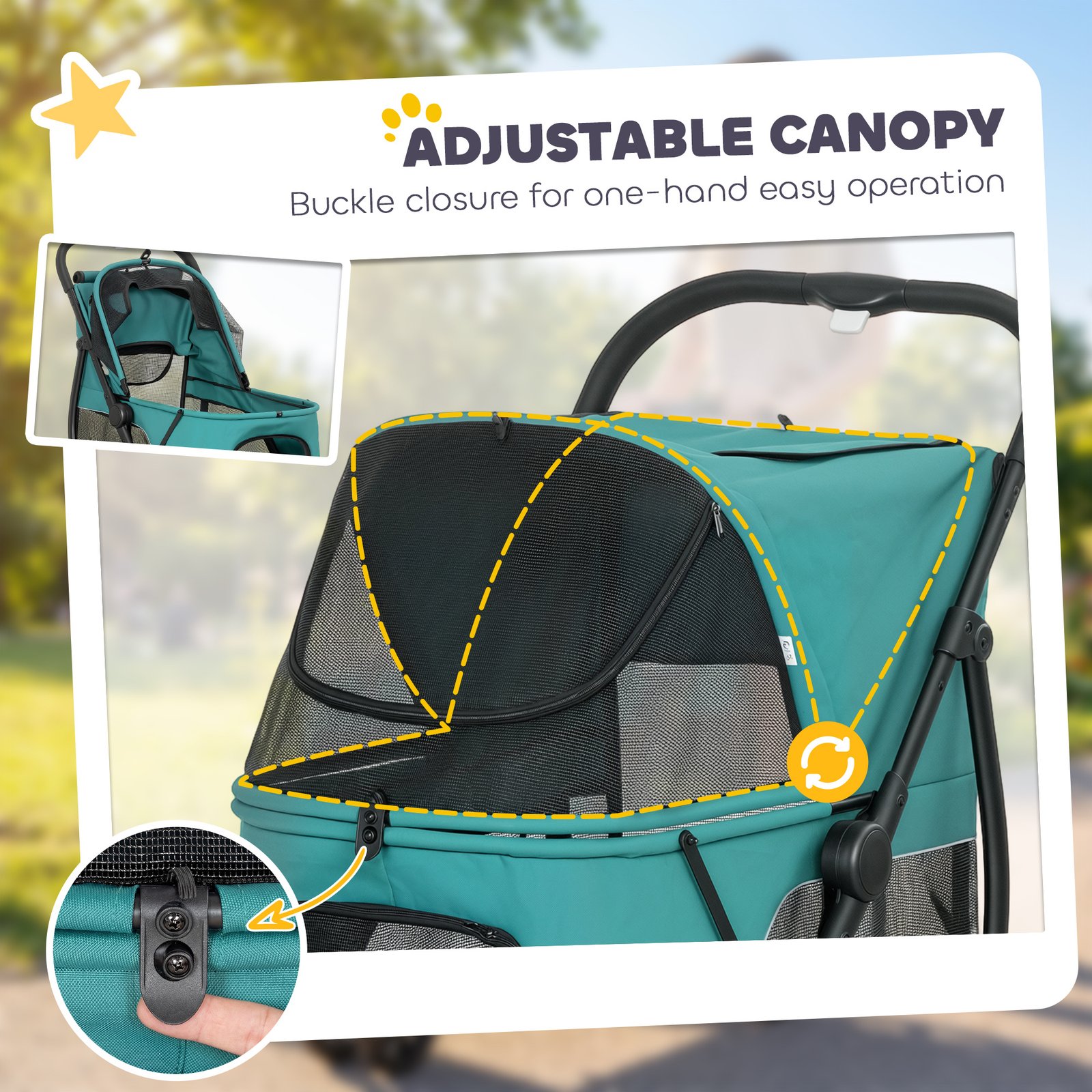 3 Wheel Pet Stroller with Easy One-Click Quick Fold, Mesh Window, Washable Cushion, for Medium Dogs, Dark Green - Image 6