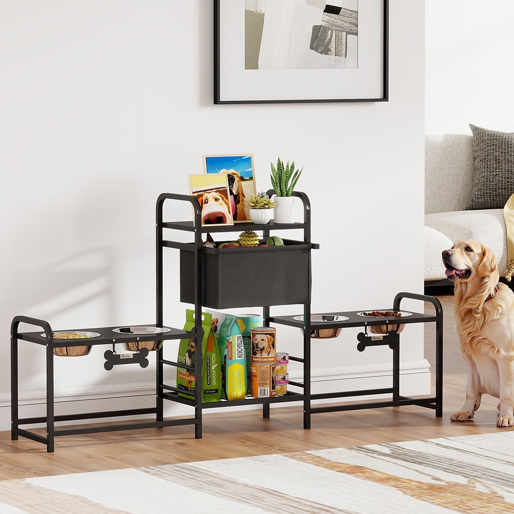 3 Height Adjustable Dog Bowl Stand Oxford Fabric With Features Four Bowls, Toy Bin Basket - Image 5
