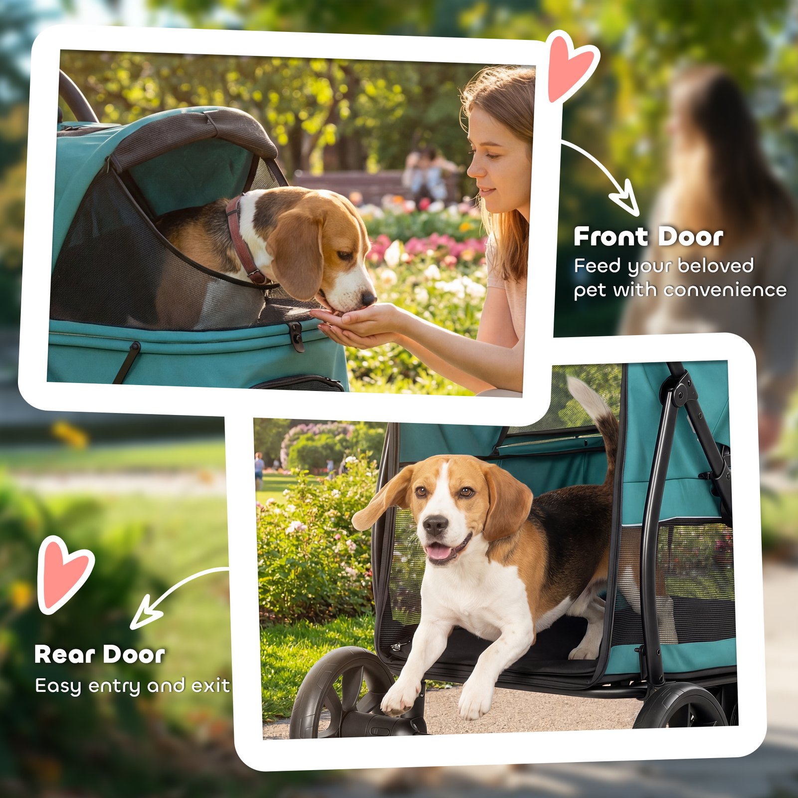 3 Wheel Pet Stroller with Easy One-Click Quick Fold, Mesh Window, Washable Cushion, for Medium Dogs, Dark Green - Image 7