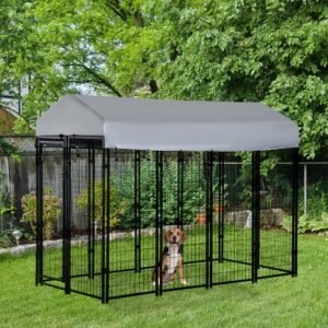 Outdoor Dog Kennel with Roof, 8 x 4 x 6 Heavy Duty Welded Wire Dog Playpen Enclosure with Escape-proof Lock, UV-Resistant & Waterproof Cover, for Large Dogs, Silver
