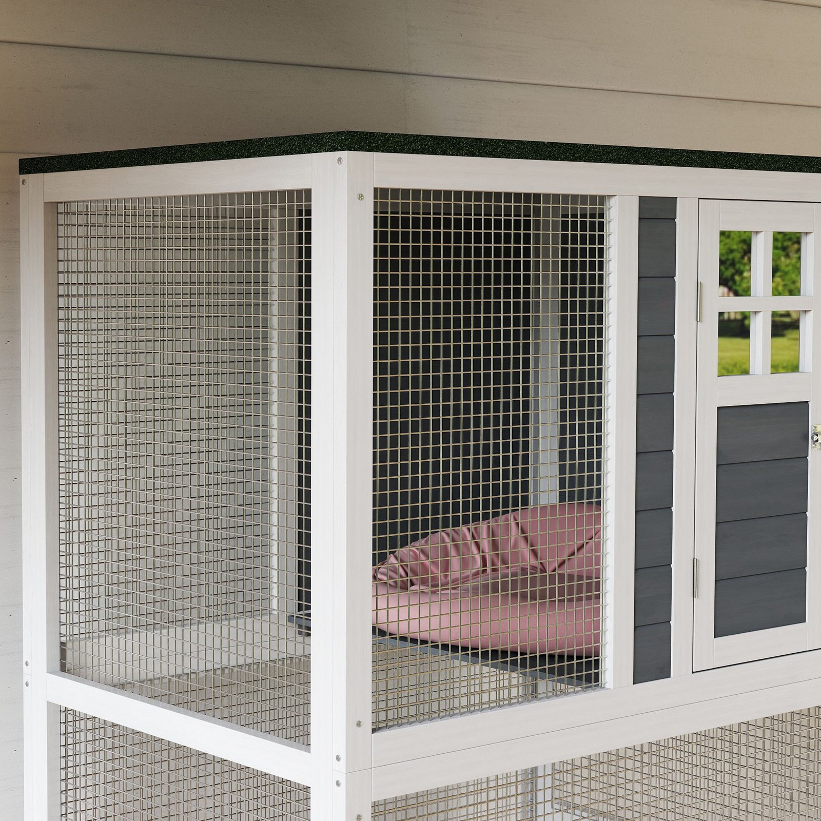 74" Wooden Catio Outdoor Cat Enclosure Weatherproof & Wheeled, Outside Cat House with High Weight Capacity, Kitten Cage Condo, White - Image 8