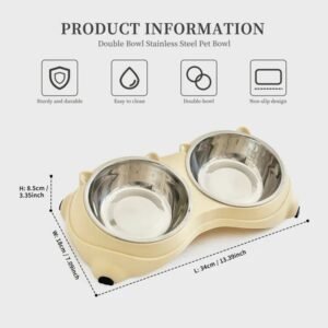 Anti Slip Base Double Cat Food Bowl, Yellow Stainless Steel Food And Water Bowl, Easy To Clean And Detachable Design, Cat And Dog Pet Feeder