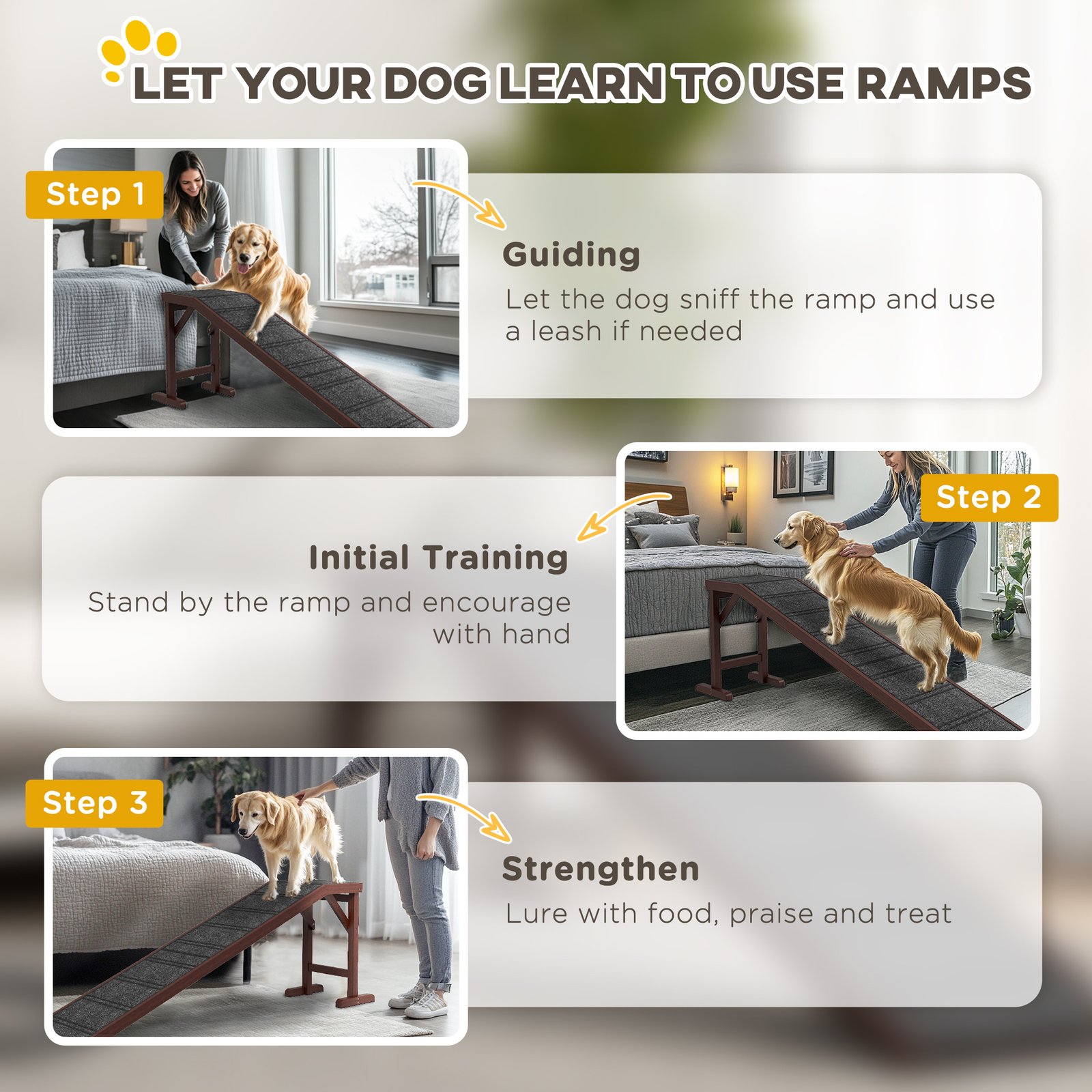 Dog Ramp for Bed, Pet Ramp for Dogs with Non-Slip Carpet and Top Platform, 74" x 16" x 25", Brown - Image 7