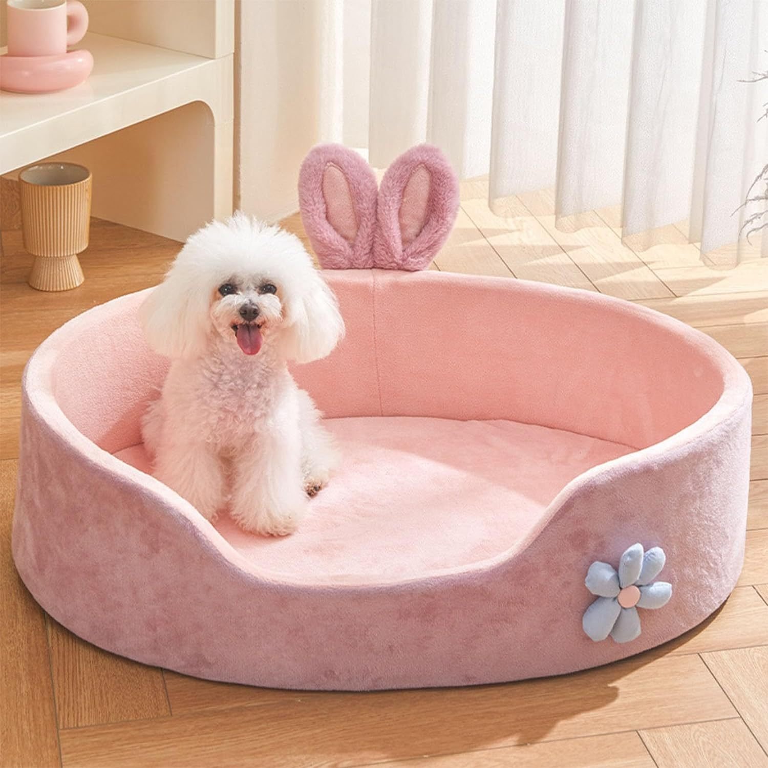 Cute Princess Dog Bed Pink Pet Bed Detachable Washable Dog Sleeping Bed Rabbit Ear Calming Dog And Cat Bed Soft Comfortable Warm Cat Bed For Small Medium Sized Breed Four Seasons - Image 4