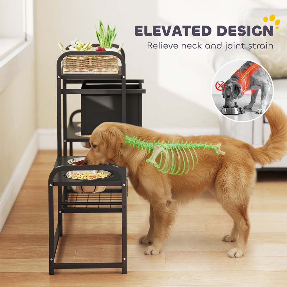 3 Height Adjustable Dog Bowl Stand Oxford Fabric With Features Four Bowls, Toy Bin Basket - Image 10
